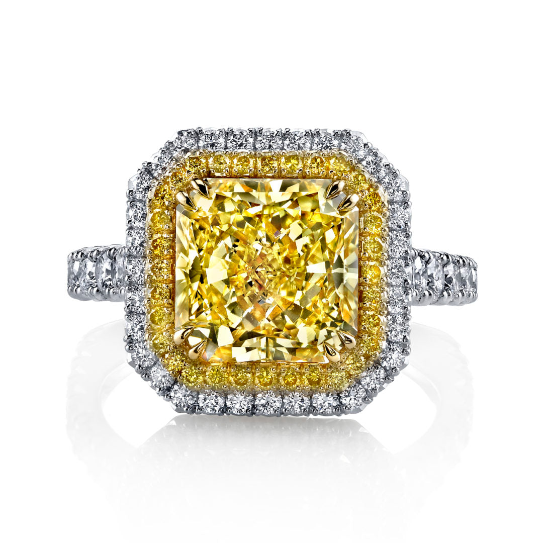 Radiant Natural Fancy Yellow Double Halo Diamond Ring