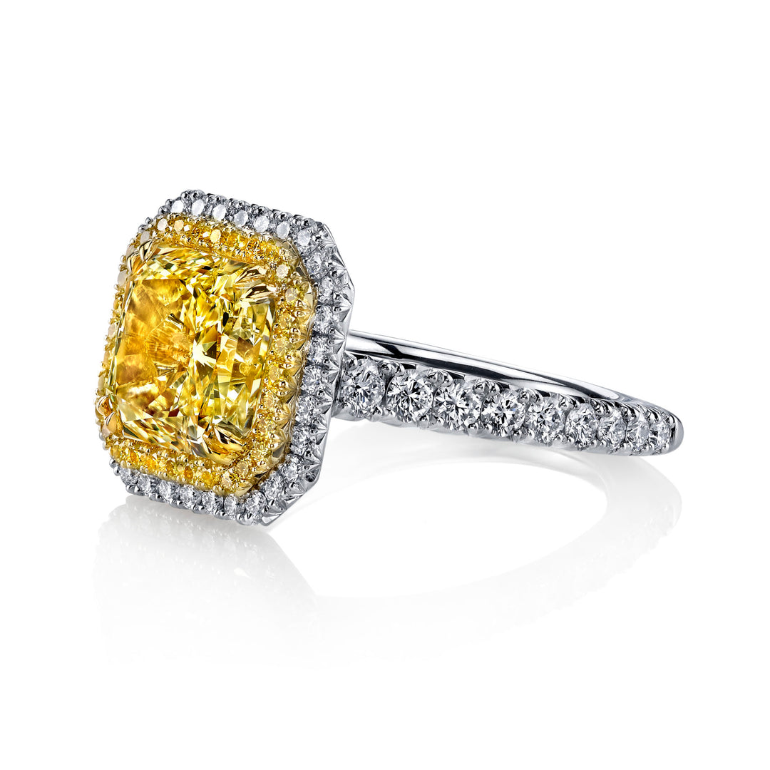 Radiant Natural Fancy Yellow Double Halo Diamond Ring