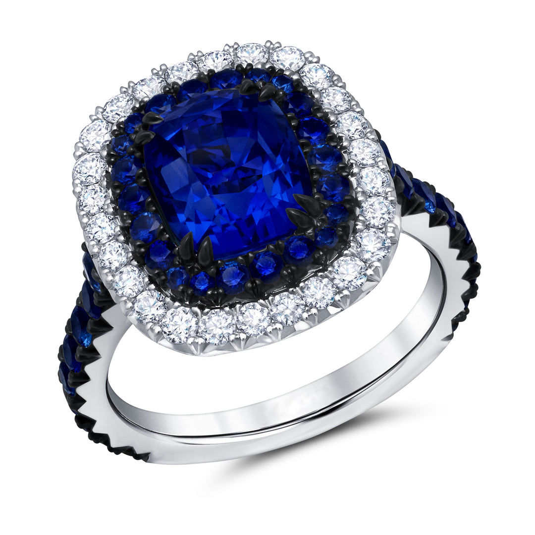 3.75ct Cushion Blue Sapphire & Diamond Ring in Platinum