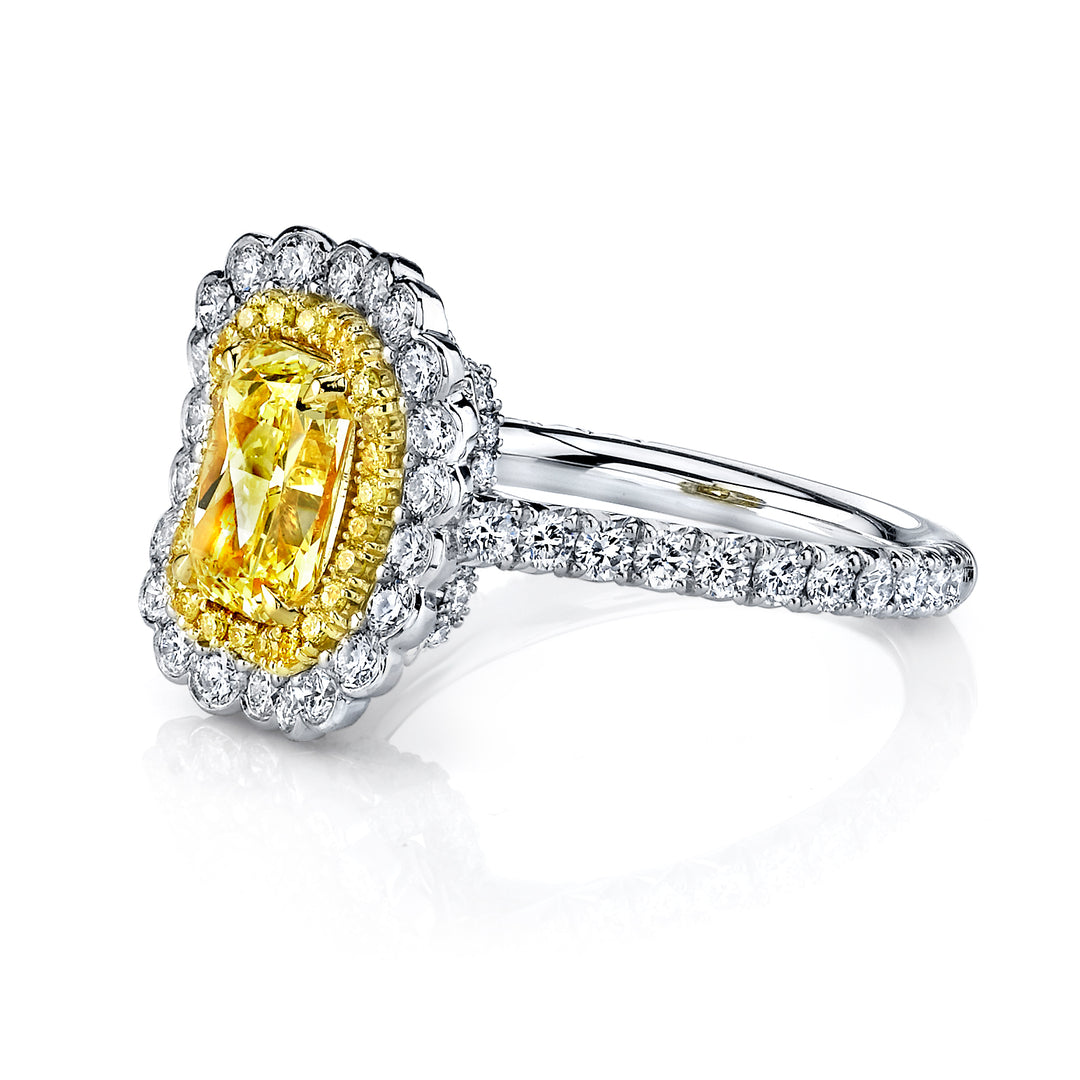 Radiant Cut Natural Fancy Yellow Diamond Scalloped Halo Ring