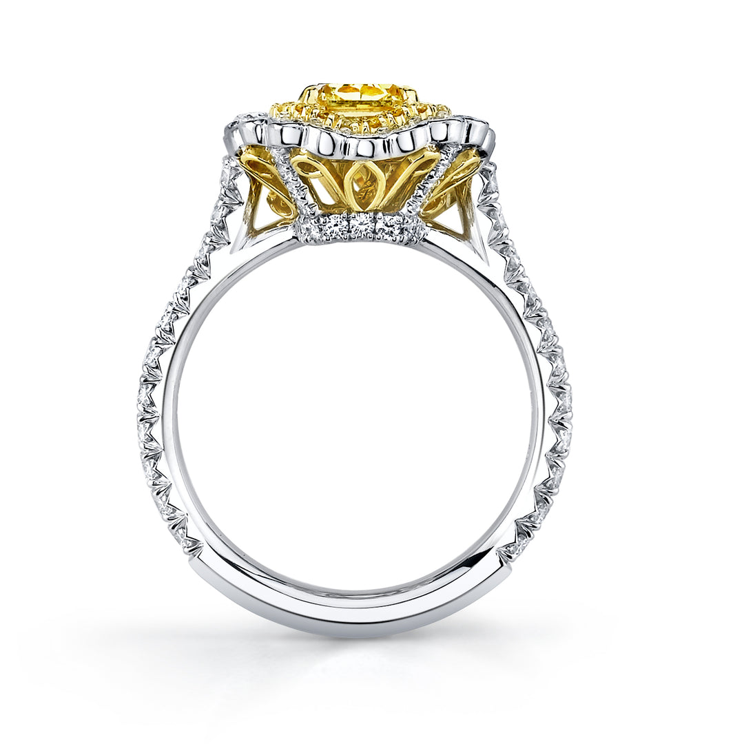 Radiant Cut Natural Fancy Yellow Diamond Scalloped Halo Ring