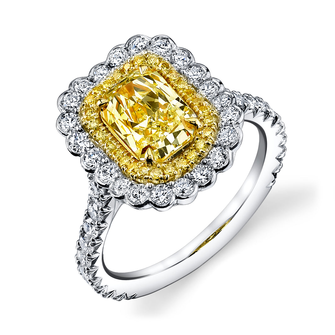 Radiant Cut Natural Fancy Yellow Diamond Scalloped Halo Ring