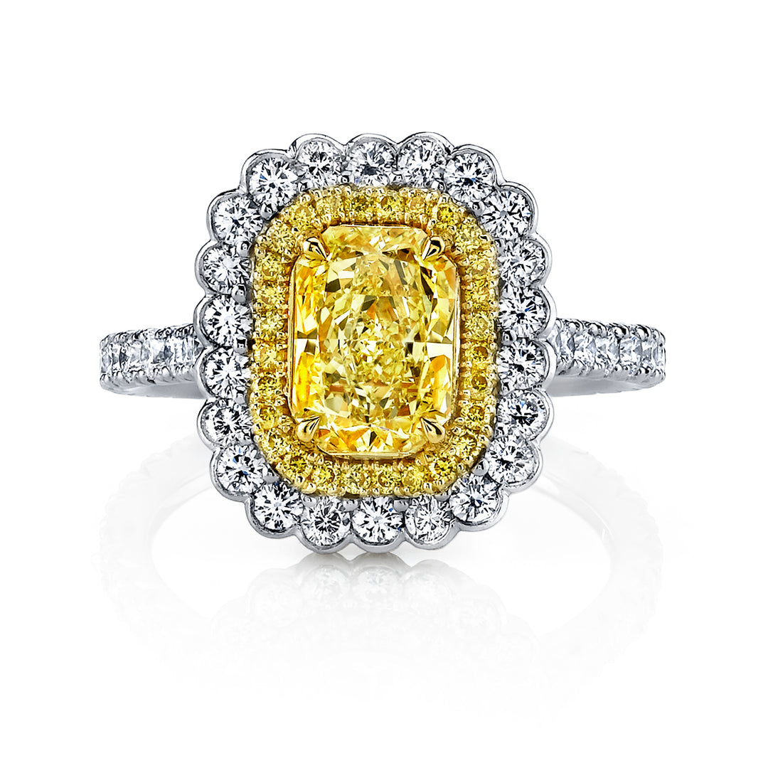 Radiant Cut Natural Fancy Yellow Diamond Scalloped Halo Ring