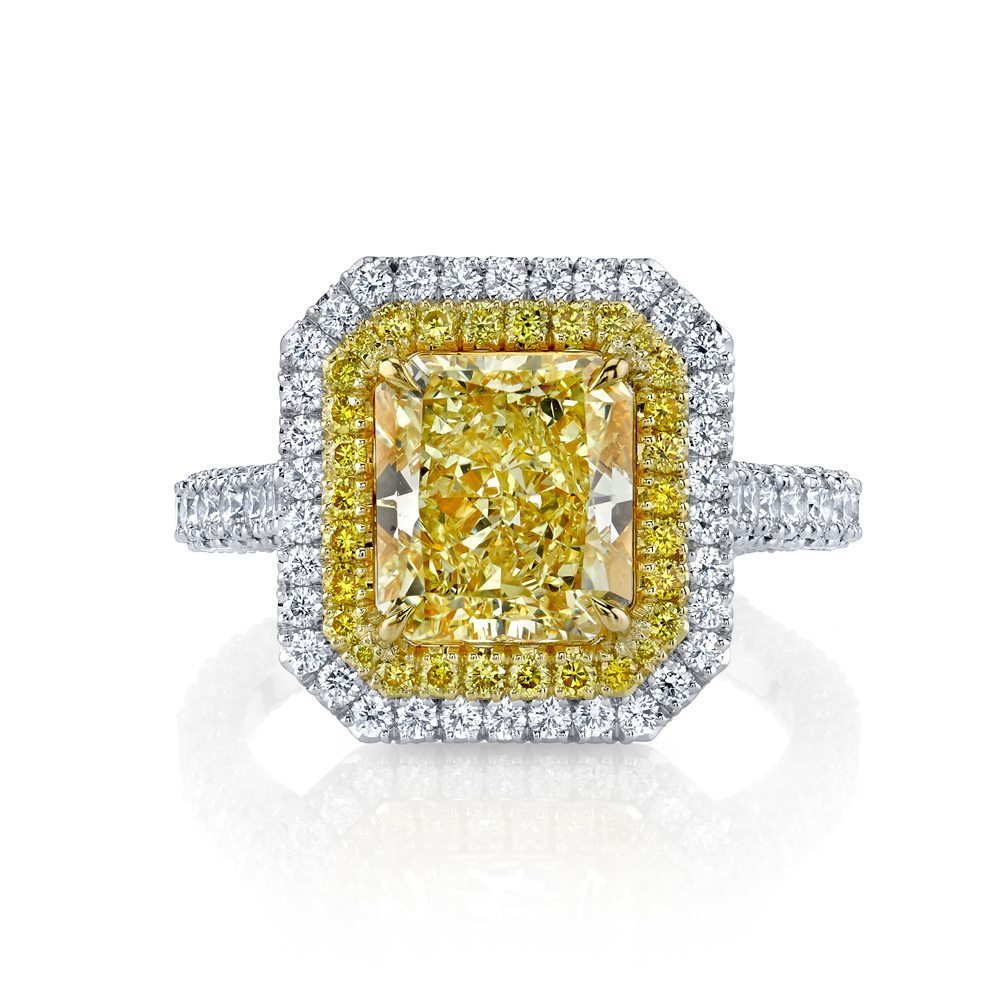 Radiant Natural Fancy Yellow Diamond Double Halo Ring