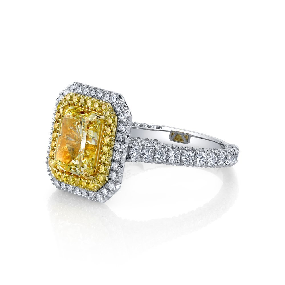 Radiant Natural Fancy Yellow Diamond Double Halo Ring