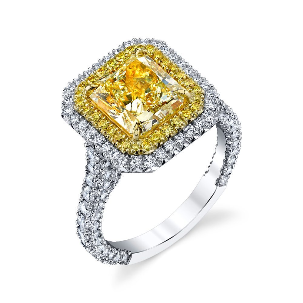 Radiant Natural Fancy Yellow Diamond Double Halo Ring