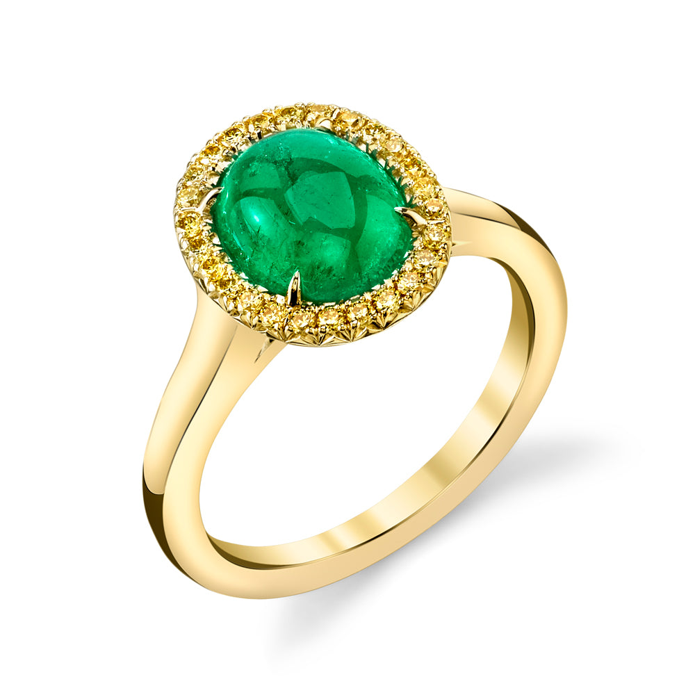 Emerald Cabochon & Fancy Yellow Diamond Ring