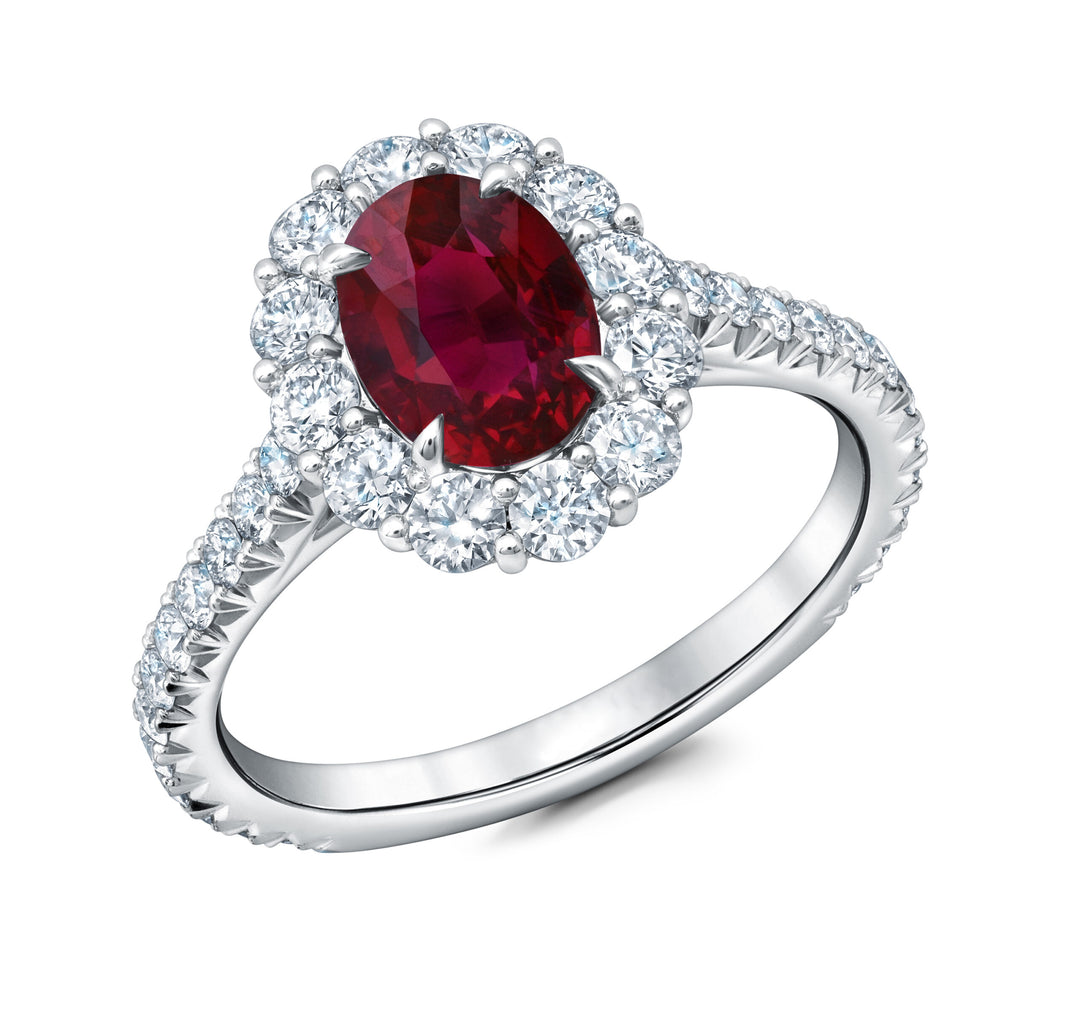 Oval Ruby & Diamond Cluster Ring in Platinum