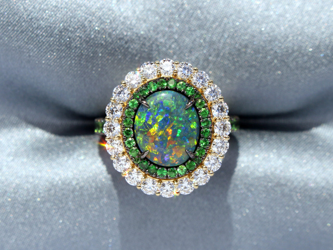 "A Kaleidoscope of Green" 2023 AGTA Award Winning 2.15ct Oval Australian Black Opal, Tsavorite, & Diamond Ring