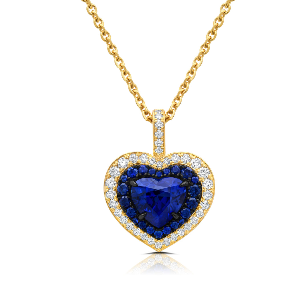 2.18ct Heart Shape Blue Sapphire & Diamond Pendant in 18K Yellow Gold
