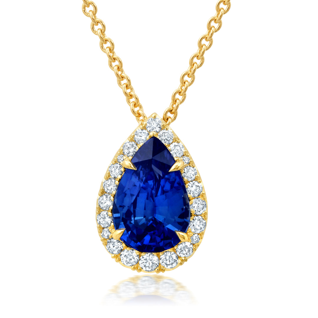 2.07ct Pear Shape Blue Sapphire & Diamond Slider Pendant in 18K Yellow Gold