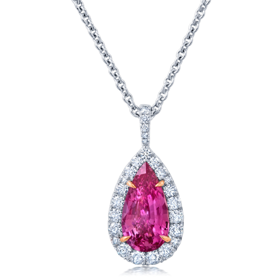 2.28ct Pear Shape Pink Sapphire & Diamond Drop Pendant