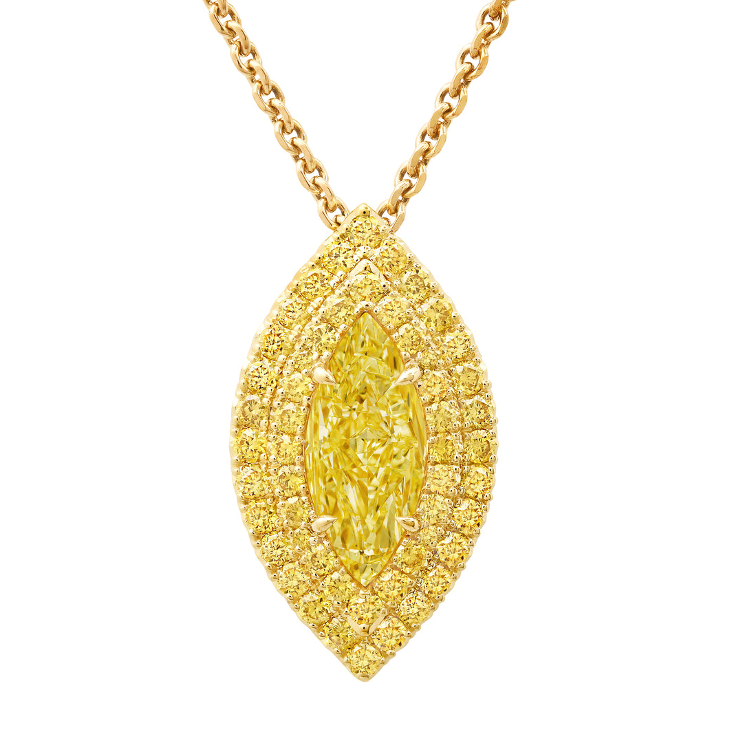 1.01ct Marquise Fancy Intense Yellow Diamond Double Halo Pendant in 18K Yellow Gold