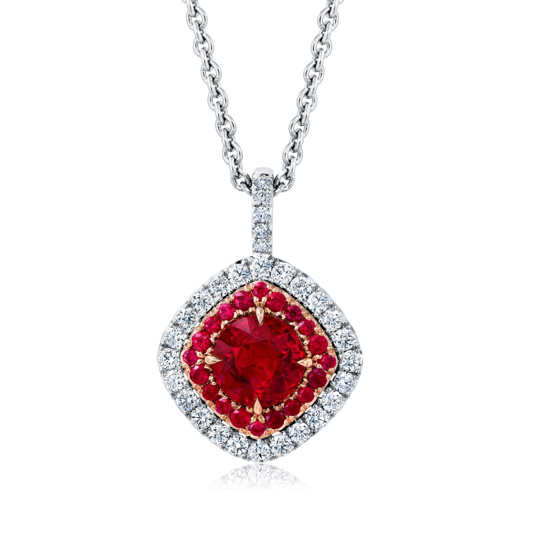 1.40ct Round Ruby & Cushion Halo Diamond Pendant