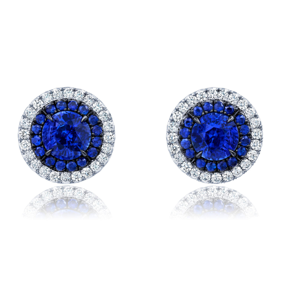 3.11ctw Round Double Halo Sapphire & Diamond Stud Earrings in Platinum