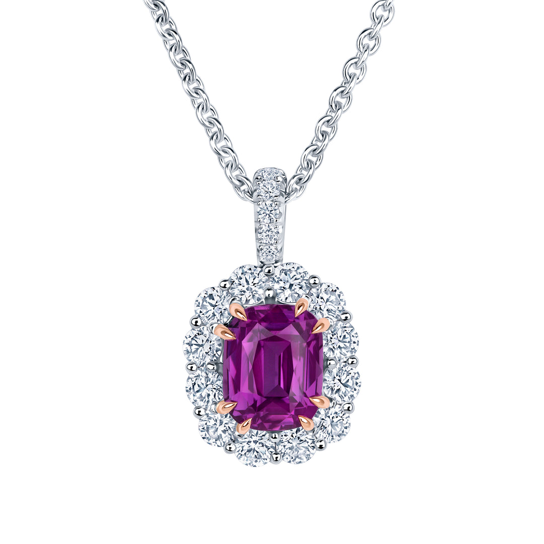 2.09ct Cushion Purple Pink Sapphire & Diamond Necklace