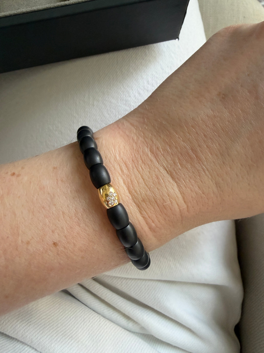 18K Yellow Gold & Black Ceramic Stretch Bracelet with Diamonds 0.06ctw