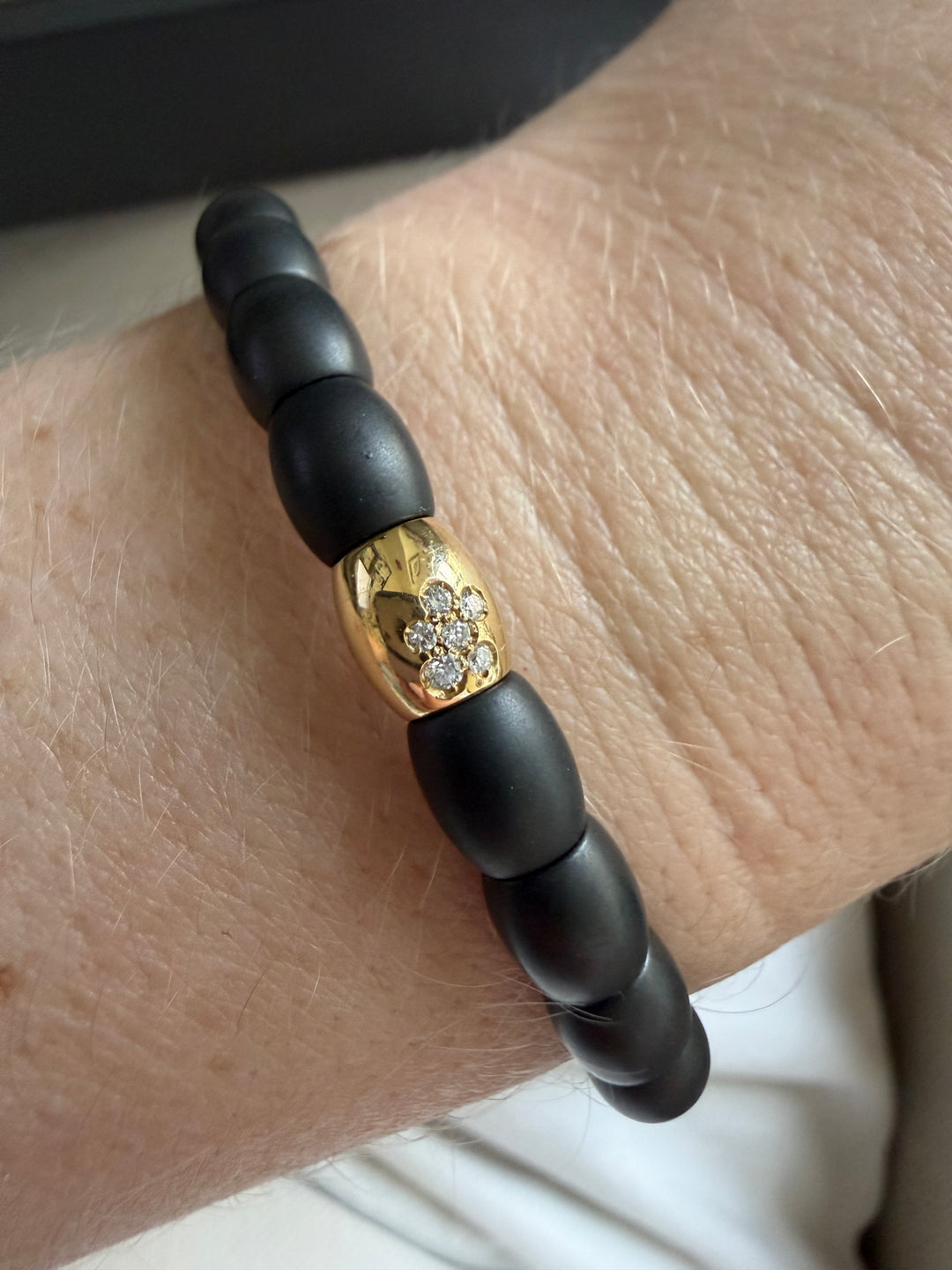 18K Yellow Gold & Black Ceramic Stretch Bracelet with Diamonds 0.06ctw