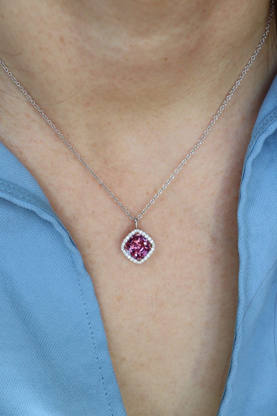 3.09ct Cushion Mahenge Garnet Pendant in 18K White Gold