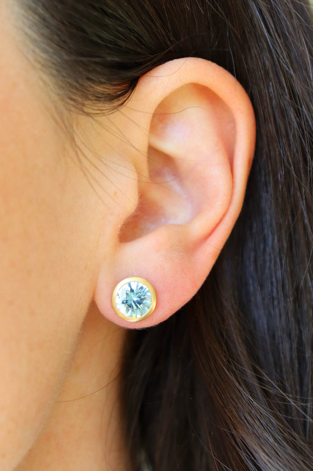 4.11ctw Round Blue Zircon Studs Bezel set in 18K Yellow Gold