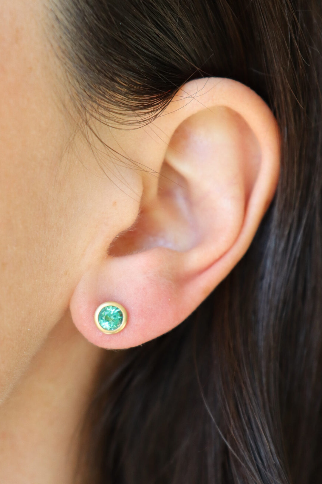 0.86ct Round Emerald Studs Bezel set in 18K Yellow Gold