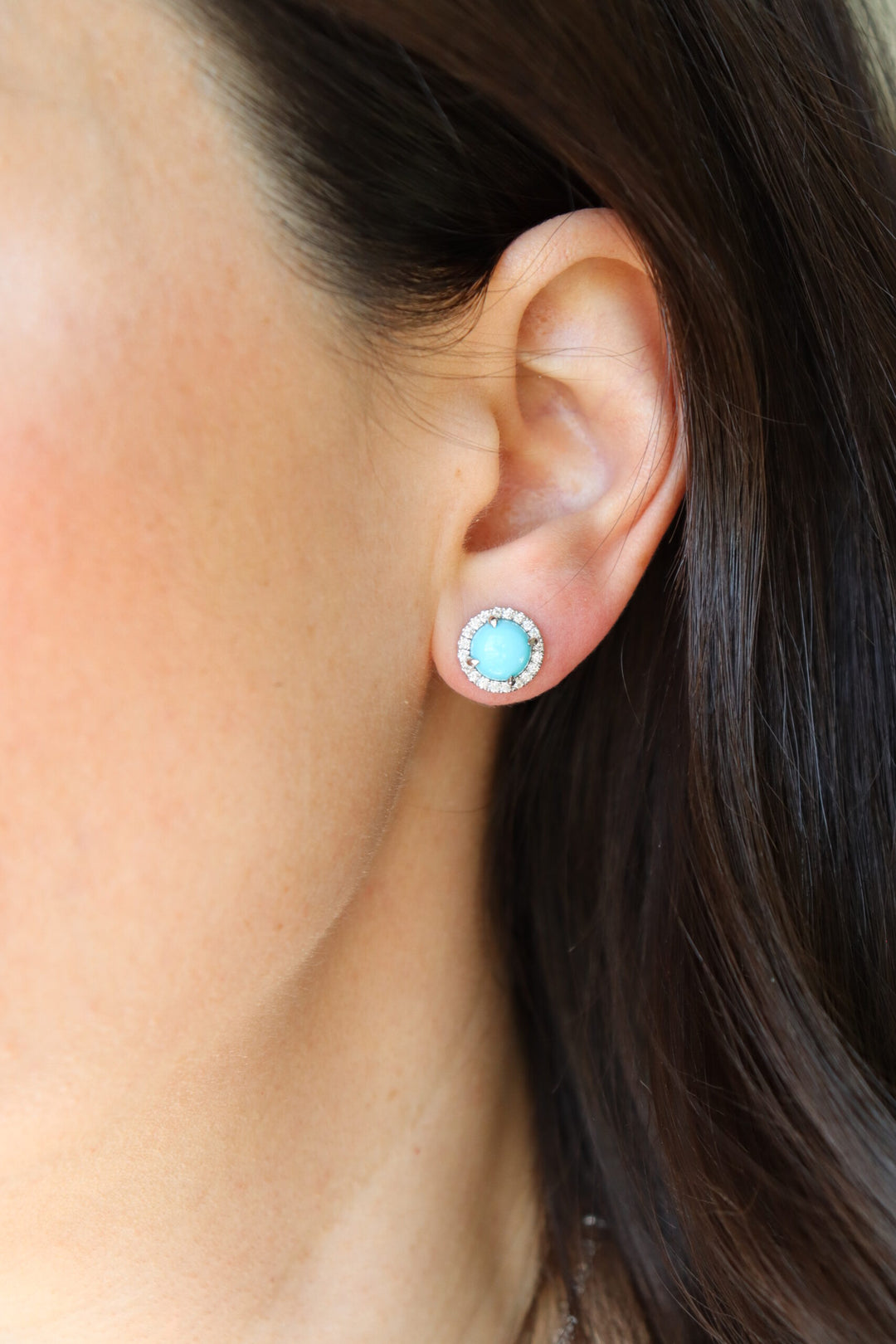 3.32ct Round Turquoise & Diamond Stud Earrings in 18K White Gold