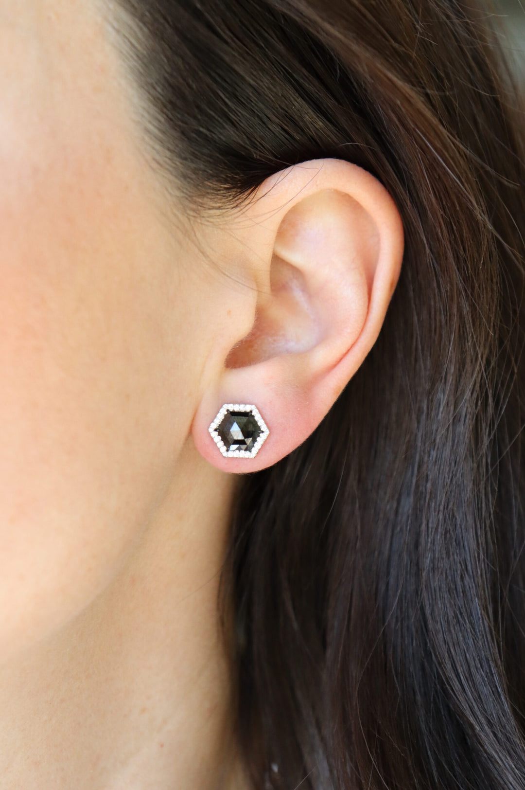 2.76ctw Rose Cut Black Diamond Hexagon Halo Studs in Platinum