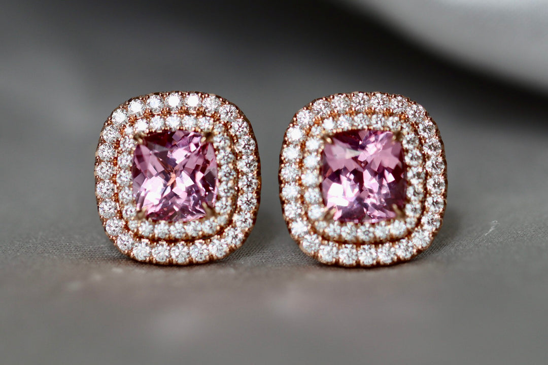 1.91ct Cushion Pink Spinel & Double Diamond Halo Stud Earrings in 18K Rose Gold