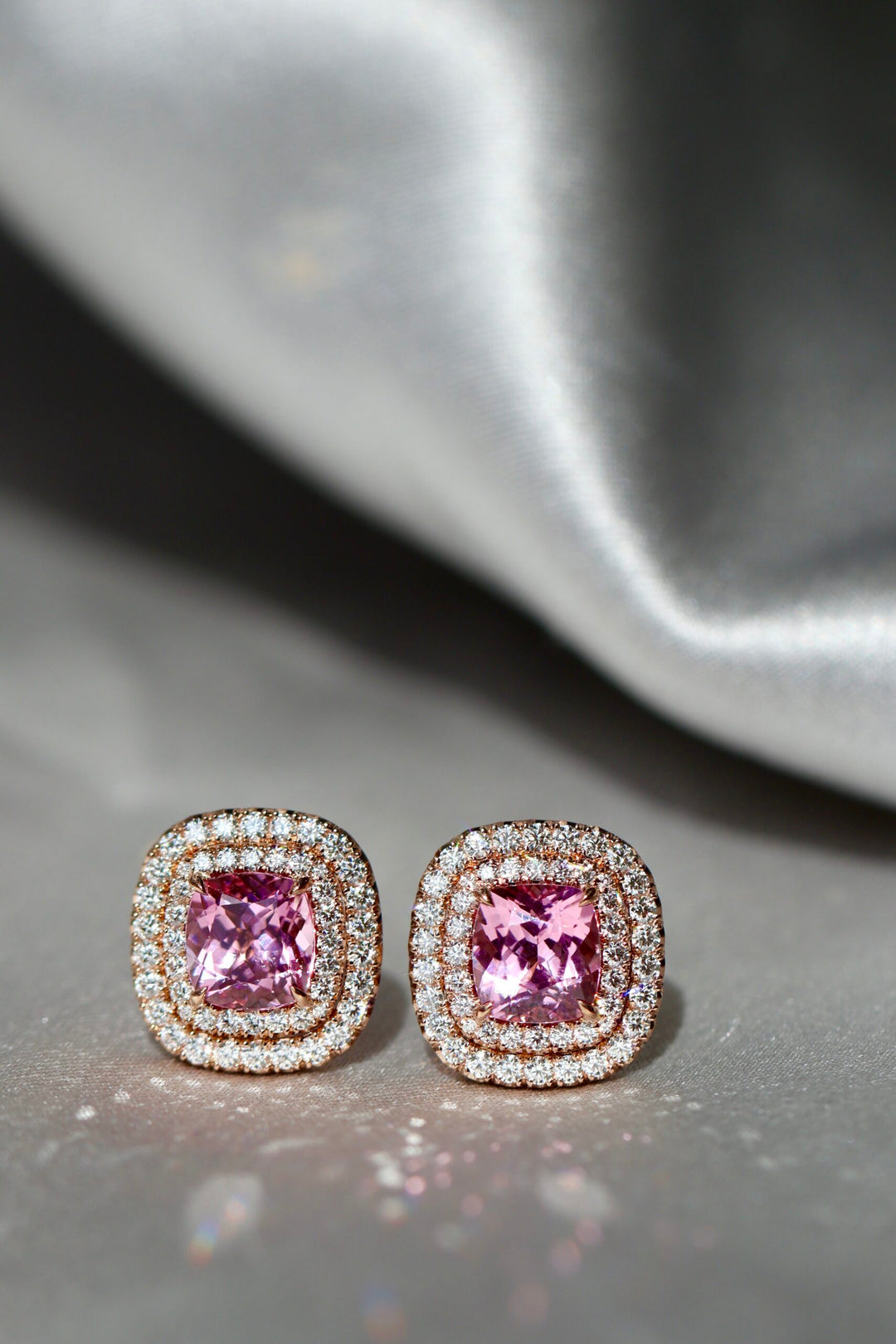 1.91ct Cushion Pink Spinel & Double Diamond Halo Stud Earrings in 18K Rose Gold