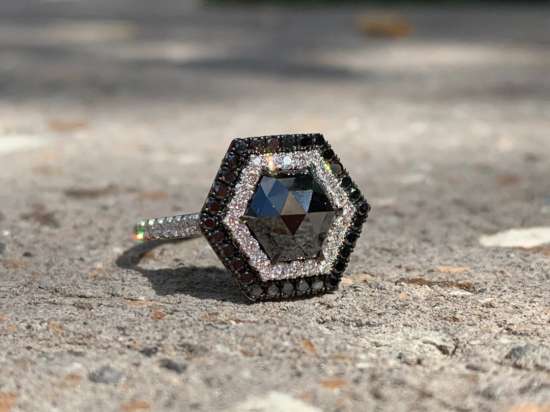 2.30ct Hexagon Rose Cut Black Diamond Halo Ring