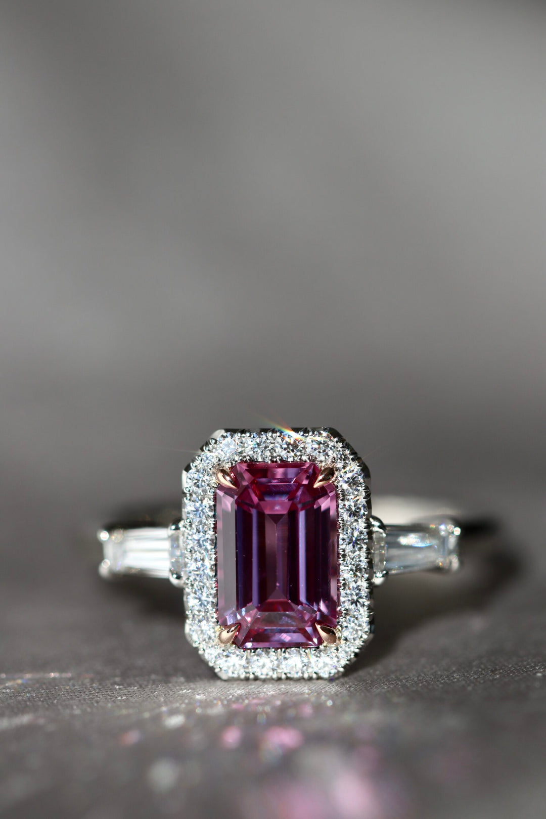 1.78ct Emerald Cut Pink Sapphire & Diamond Three Stone Ring