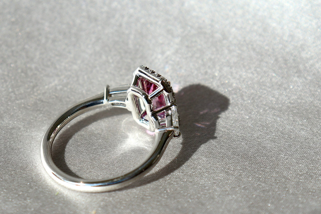 1.78ct Emerald Cut Pink Sapphire & Diamond Three Stone Ring