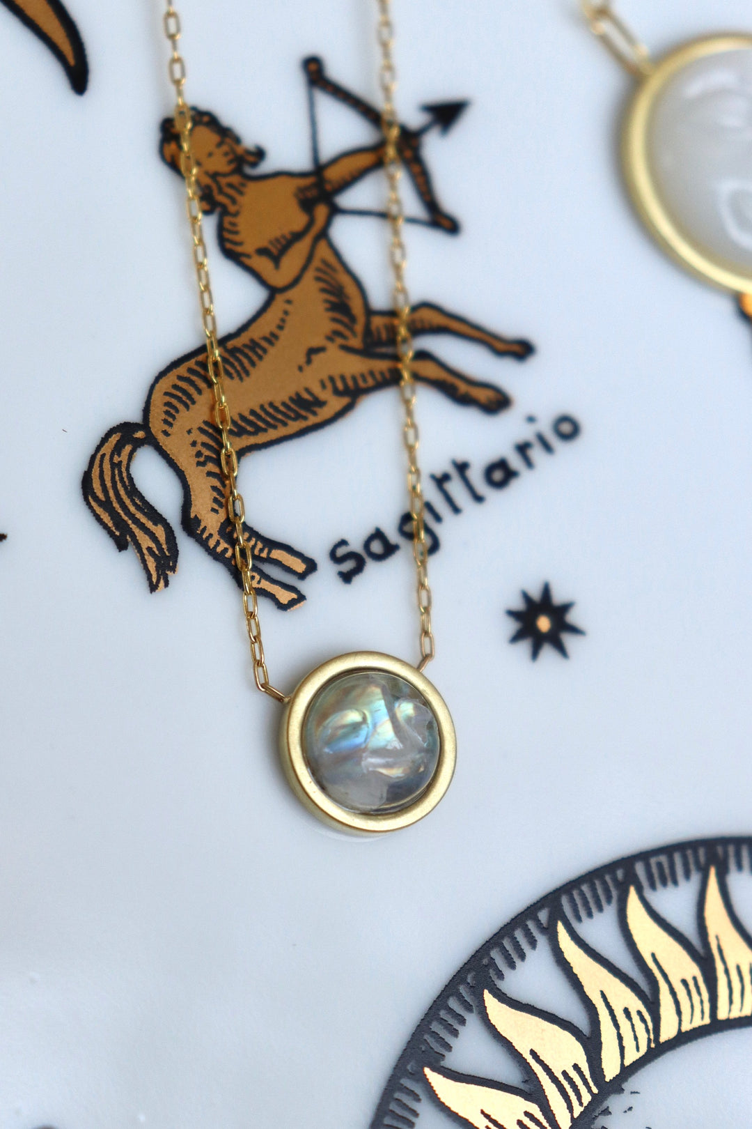 2.91ct "Man in the Moon" German Carved Rainbow Moonstone Necklace in 18K Yellow Gold