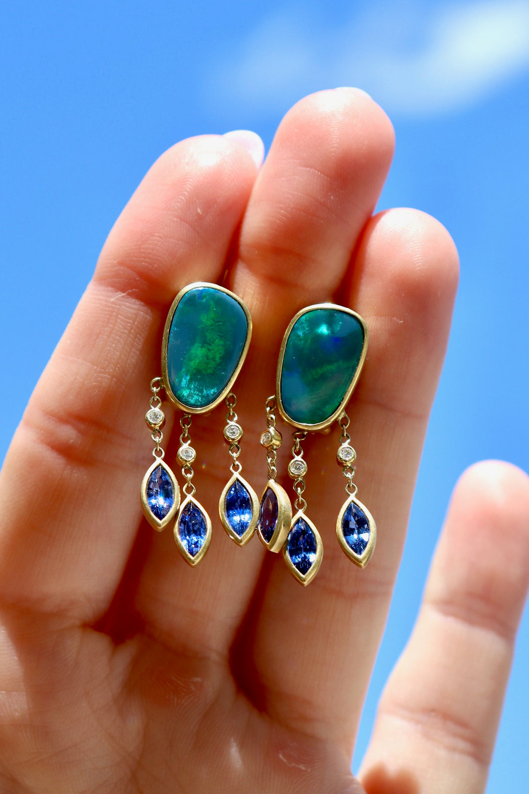 5.19ctw Australian Boulder Opal, Diamond & Sapphire Dangle Earrings