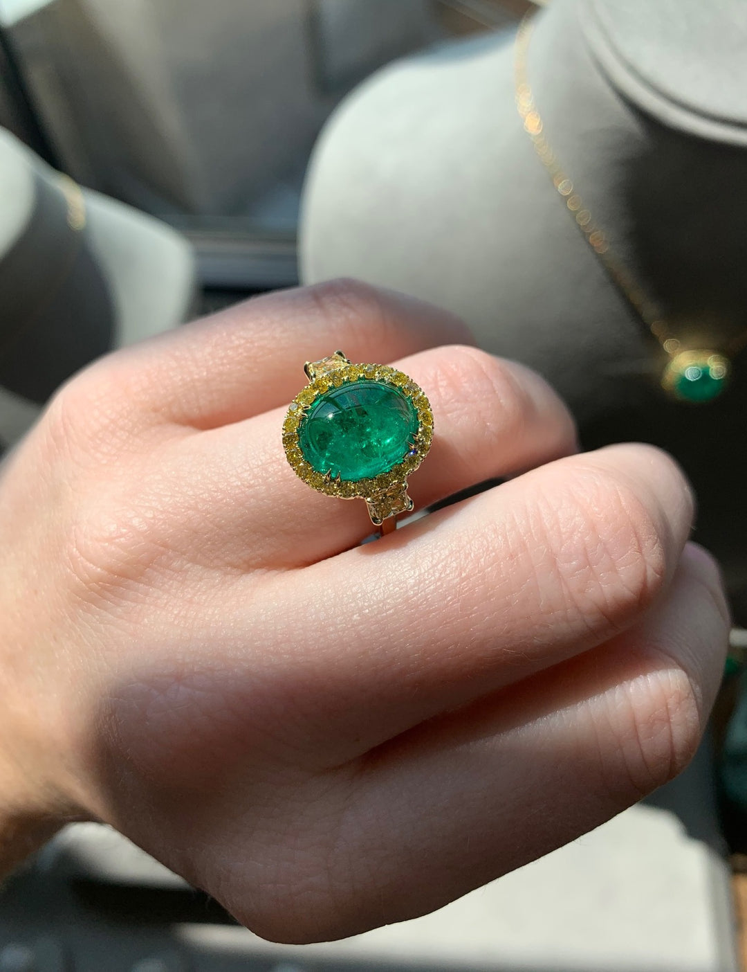 Oval Emerald Cabochon & Fancy Yellow Diamond Three Stone Ring