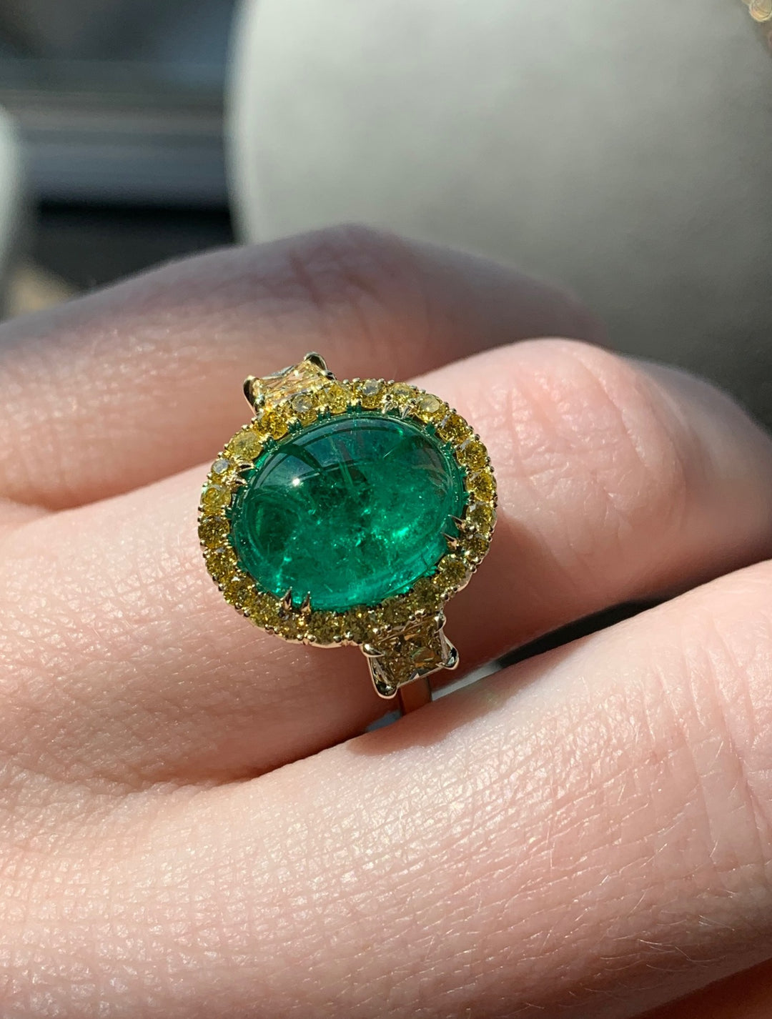 Oval Emerald Cabochon & Fancy Yellow Diamond Three Stone Ring