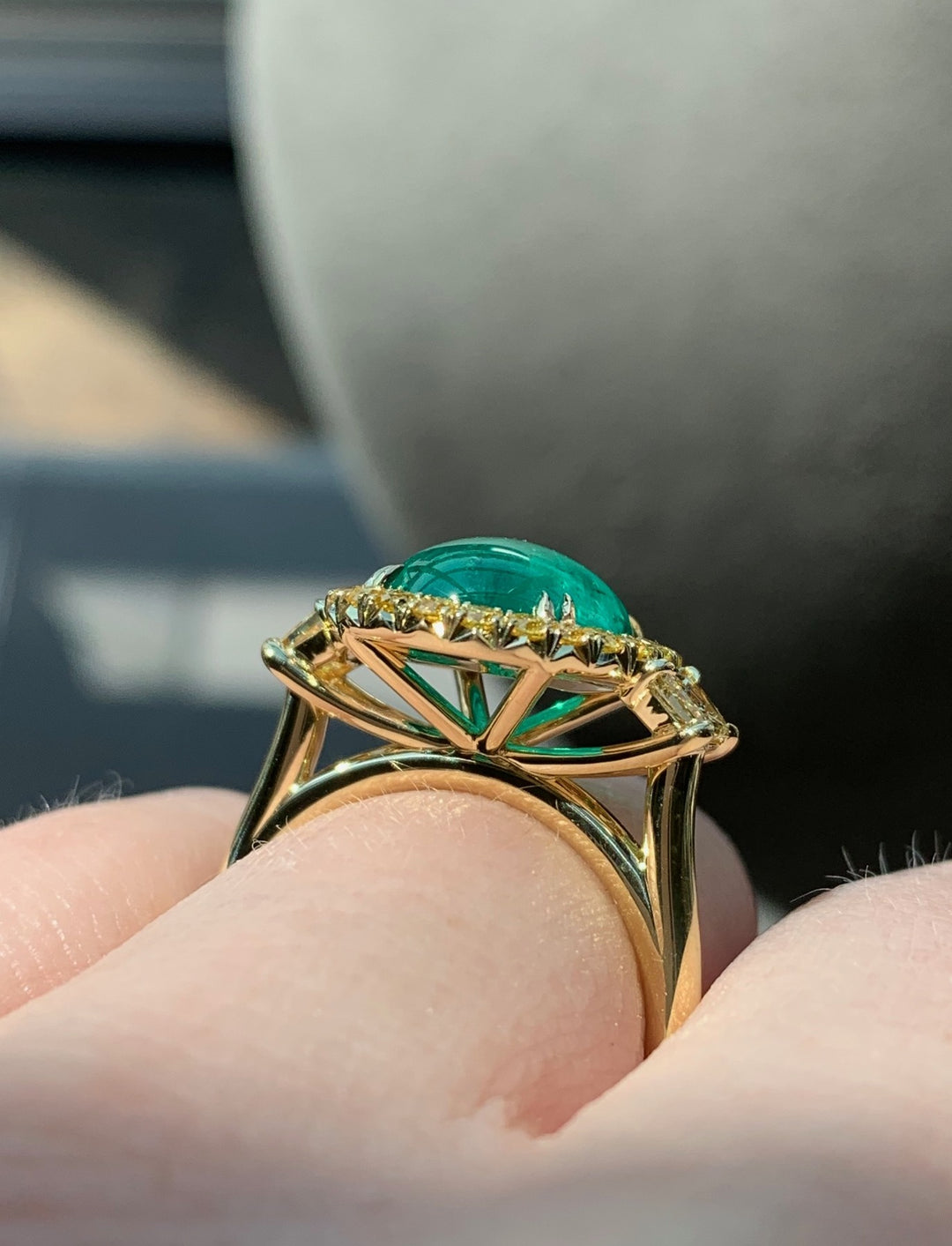 Oval Emerald Cabochon & Fancy Yellow Diamond Three Stone Ring