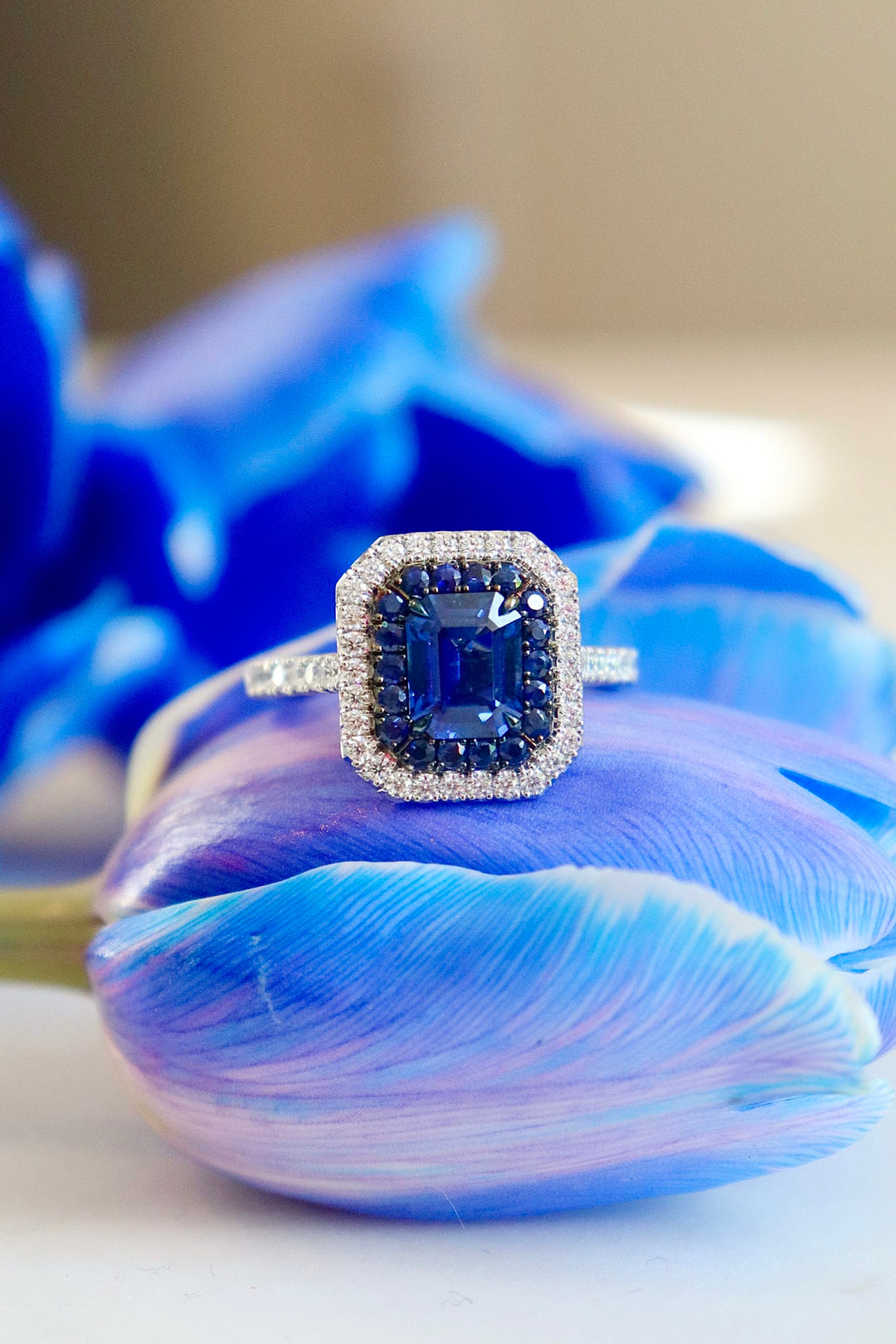 1.59ct Emerald Cut Sapphire & Diamond Double Halo Ring