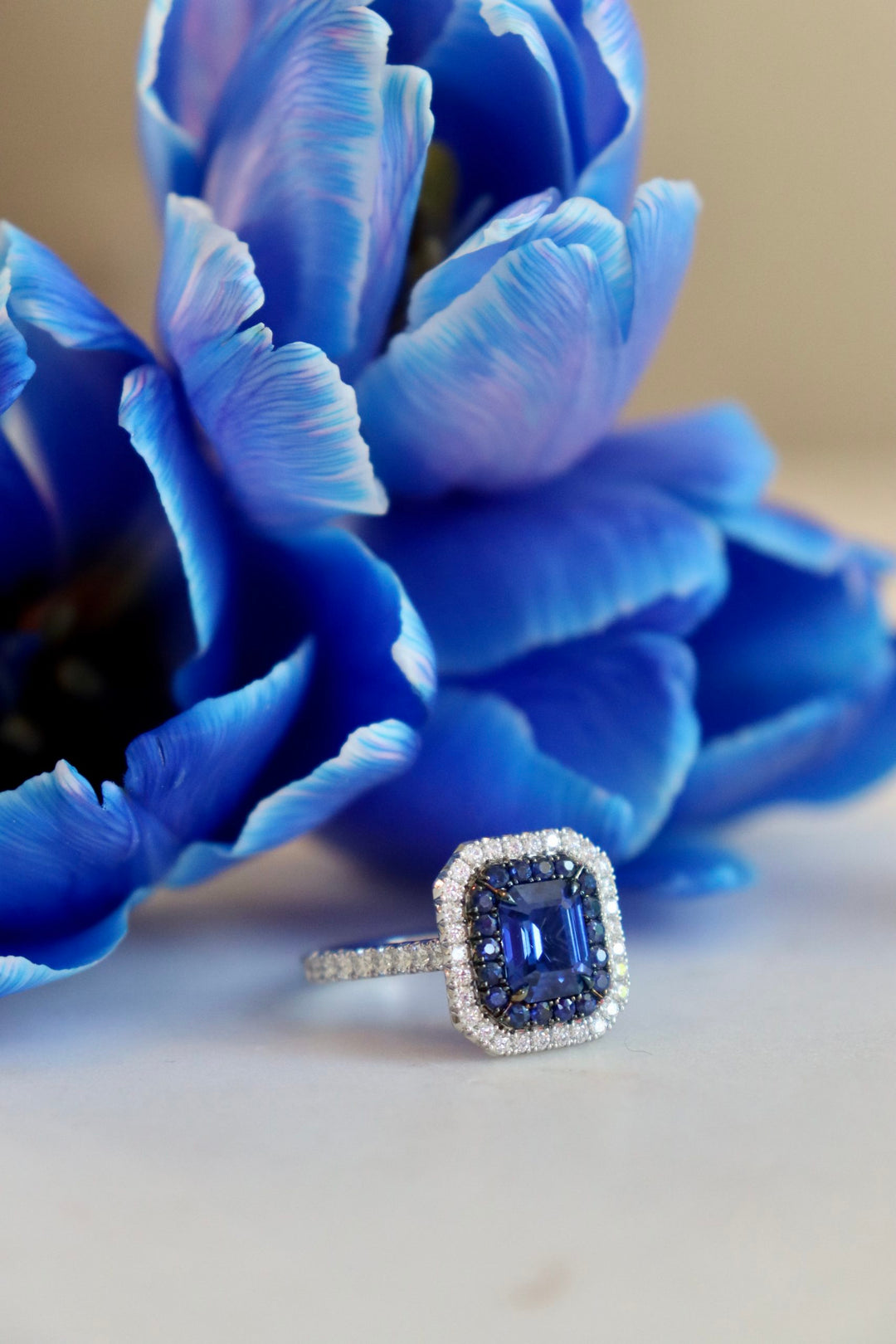 1.59ct Emerald Cut Sapphire & Diamond Double Halo Ring