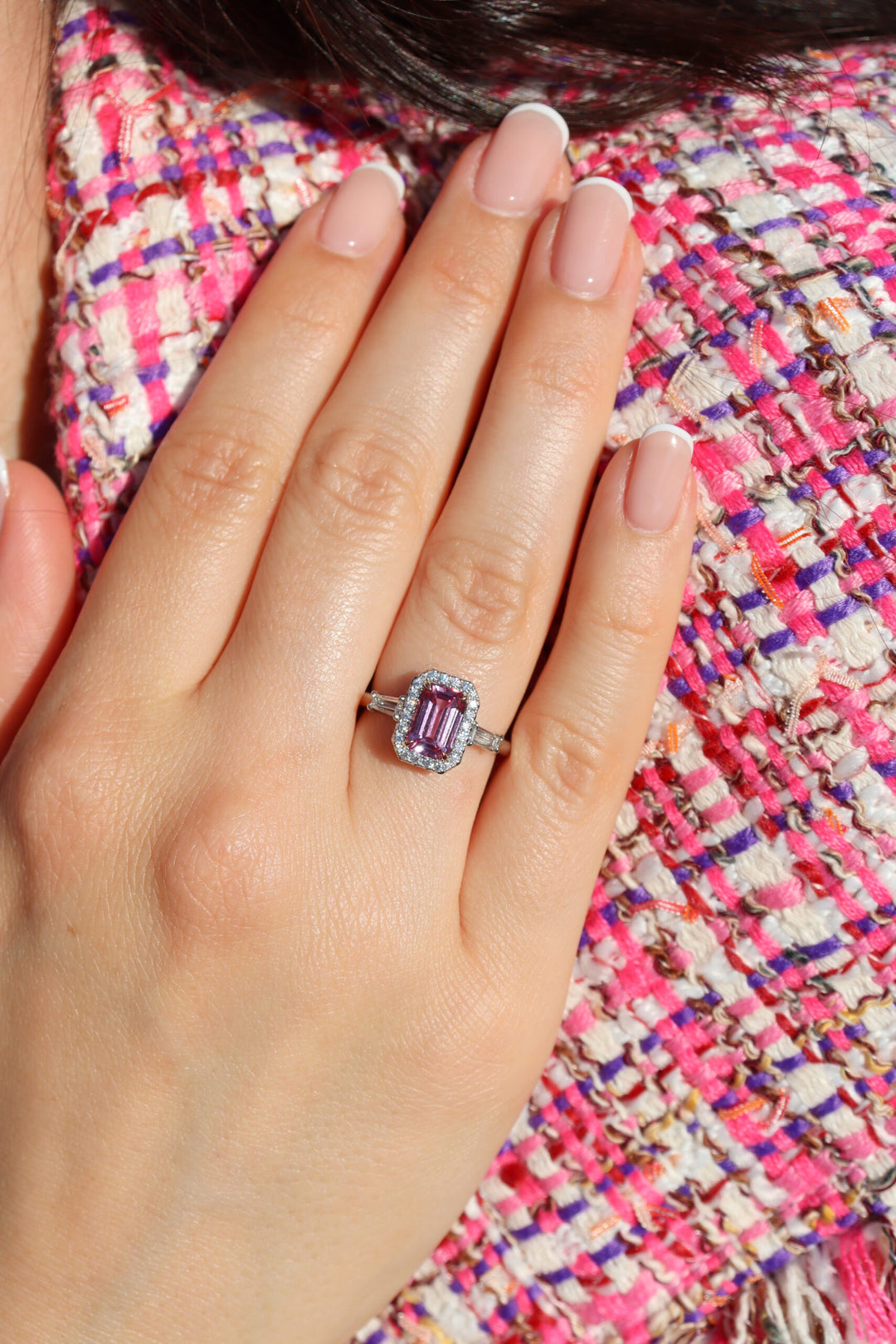 1.78ct Emerald Cut Pink Sapphire & Diamond Three Stone Ring