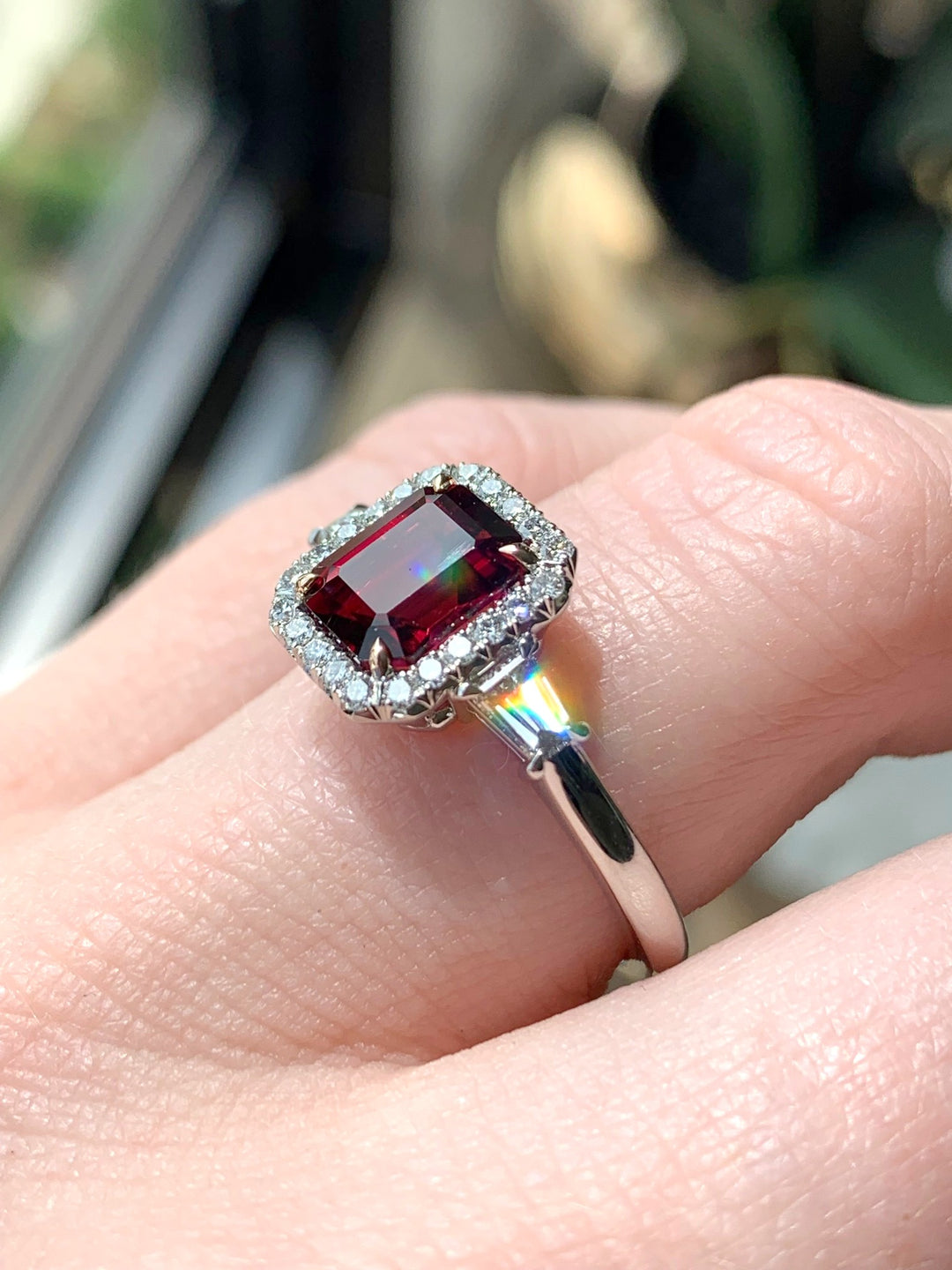 1.49ct Emerald Cut Rubellite & Diamond Three Stone Ring