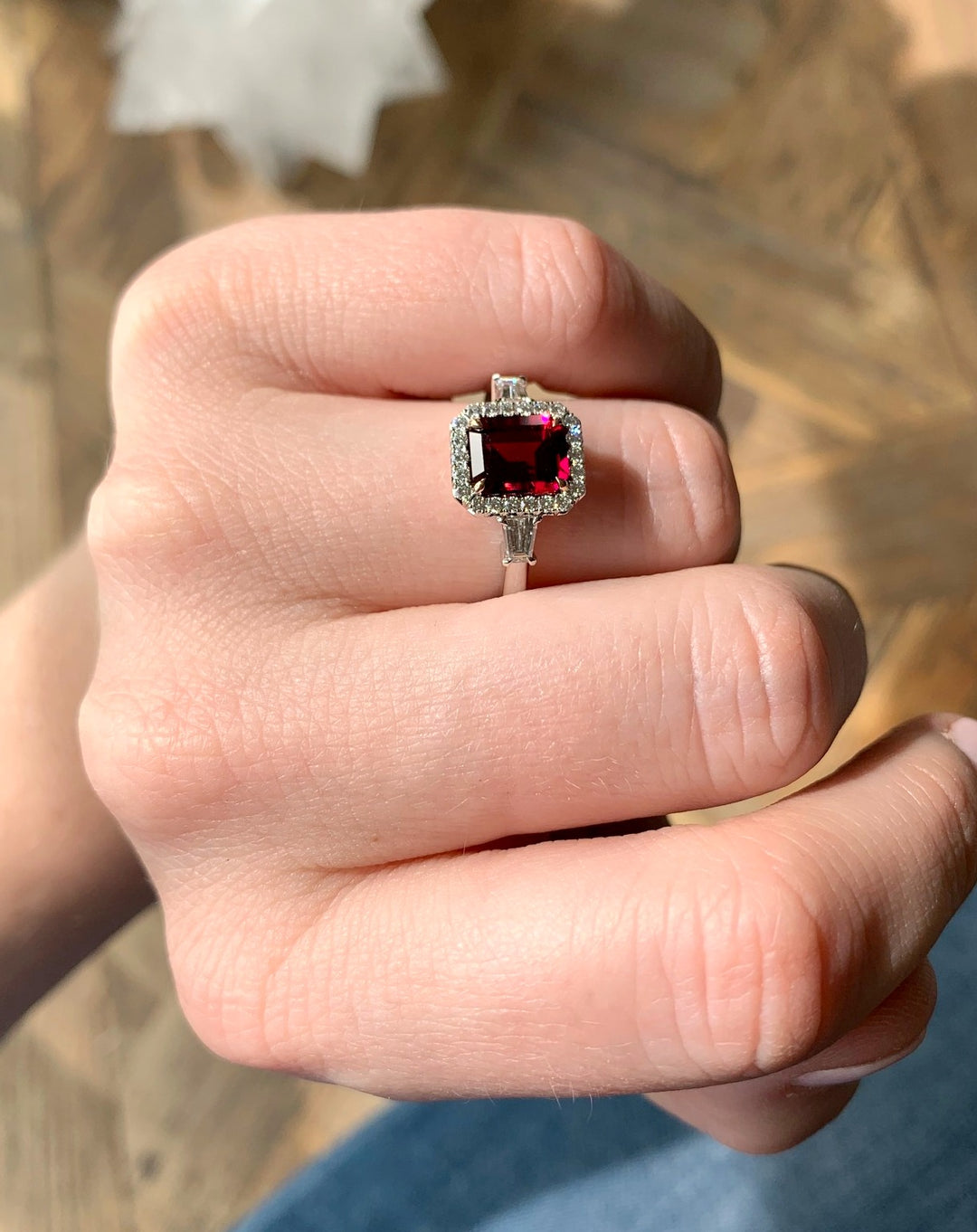 1.49ct Emerald Cut Rubellite & Diamond Three Stone Ring