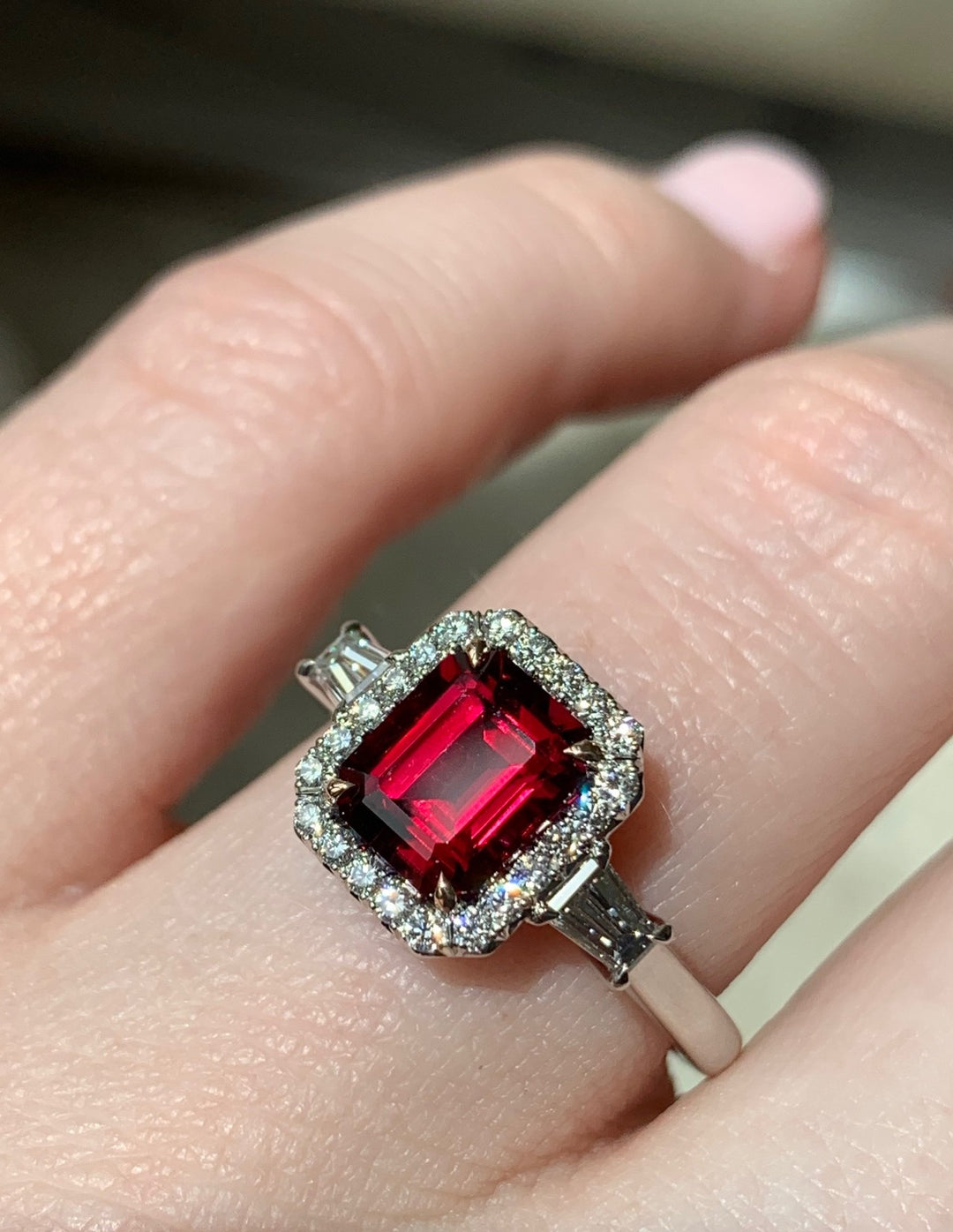 1.49ct Emerald Cut Rubellite & Diamond Three Stone Ring