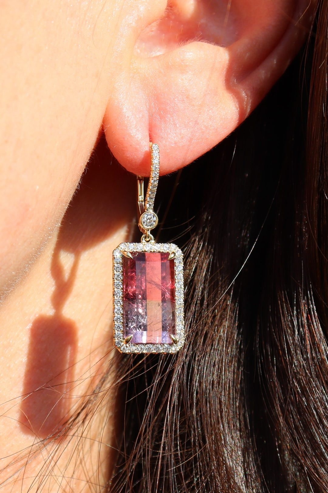 12.42ct Emerald Cut Brazilian Pink & Lavender Bi-Color Tourmaline & Diamond Earrings