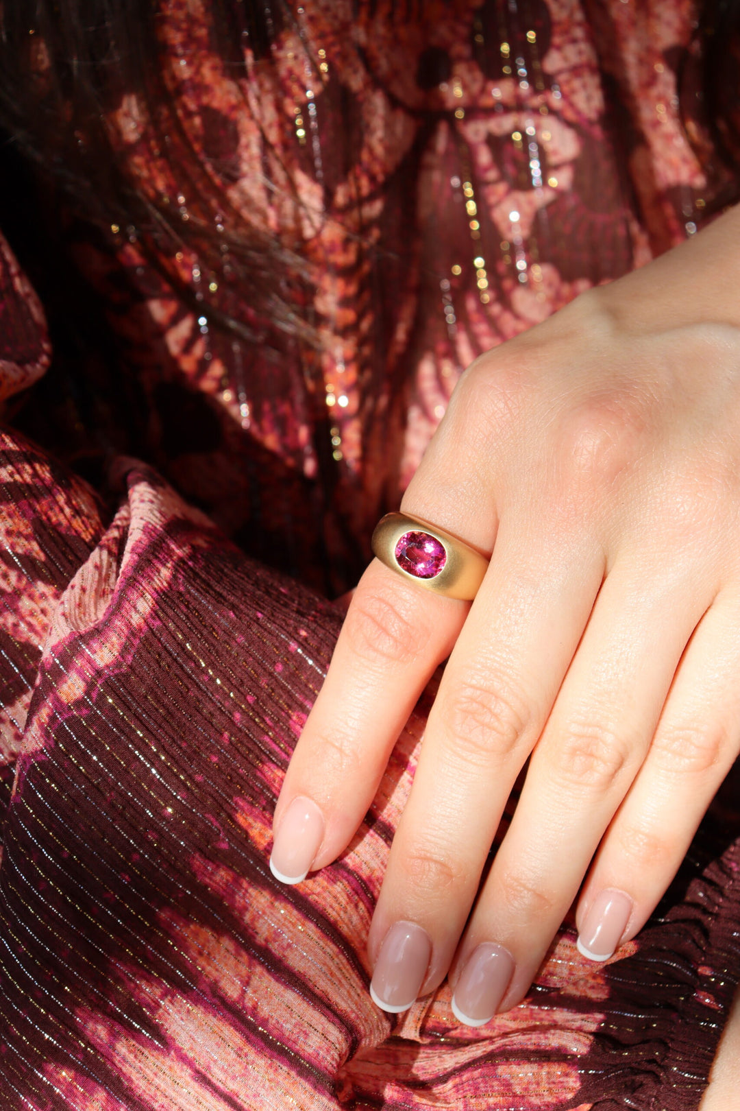 Oval Rubellite Tourmaline & Gold Gypsy Chunky Ring