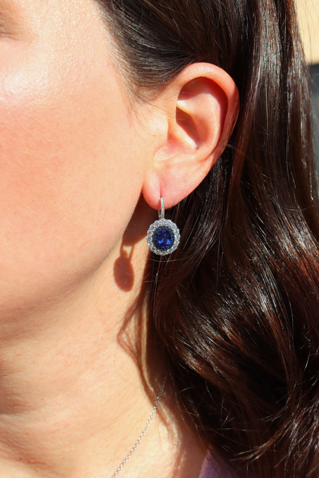 2.31ctw Oval Blue Sapphire & Cluster Diamond Halo Drop Earrings