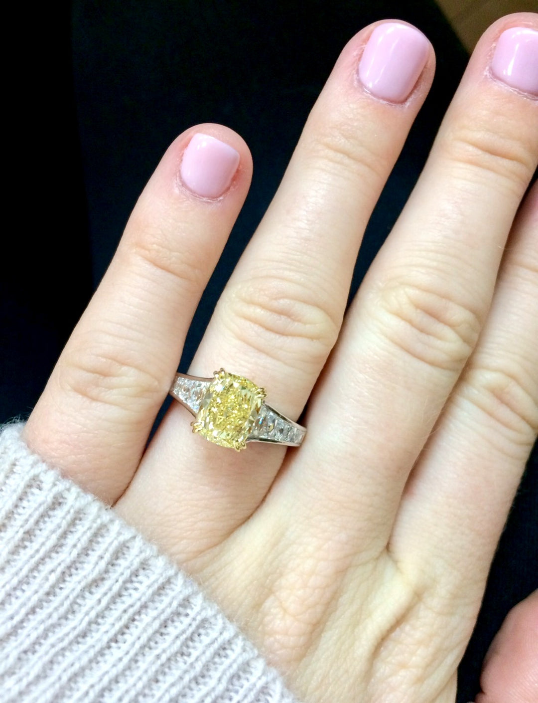 2.05ct Cushion Cut Natural Fancy Yellow Diamond & French Cut Diamond Ring