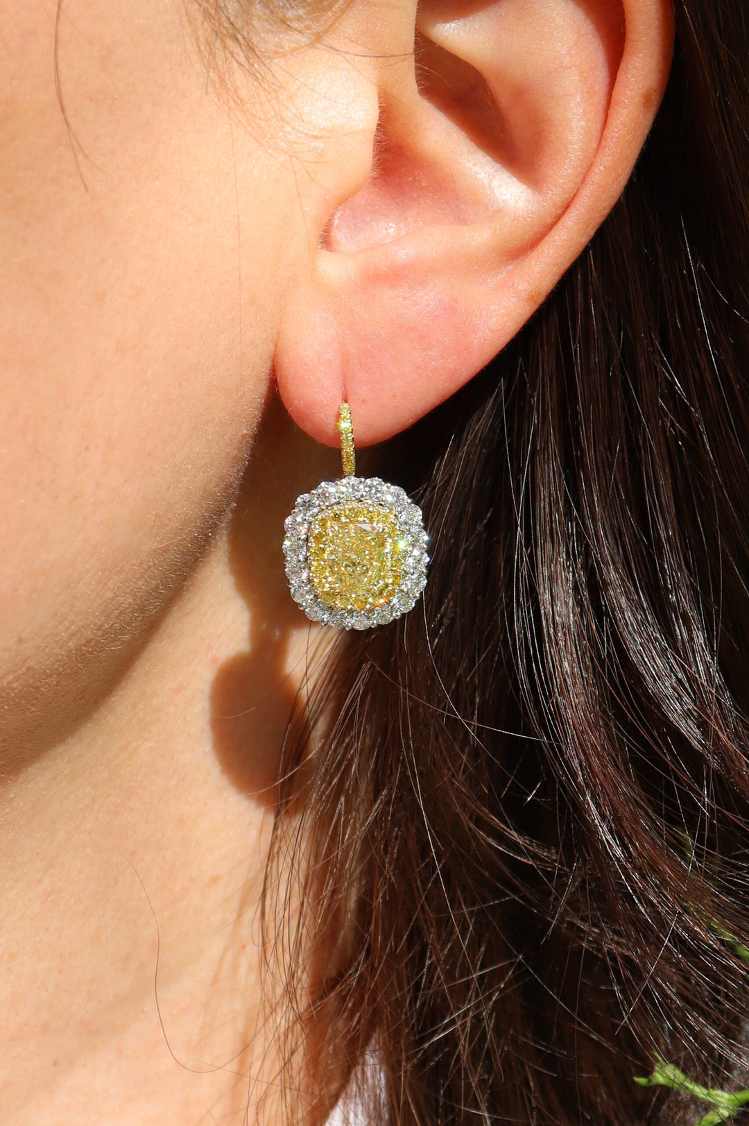 3.06ctw Cushion Fancy Yellow Diamond Cluster Earrings