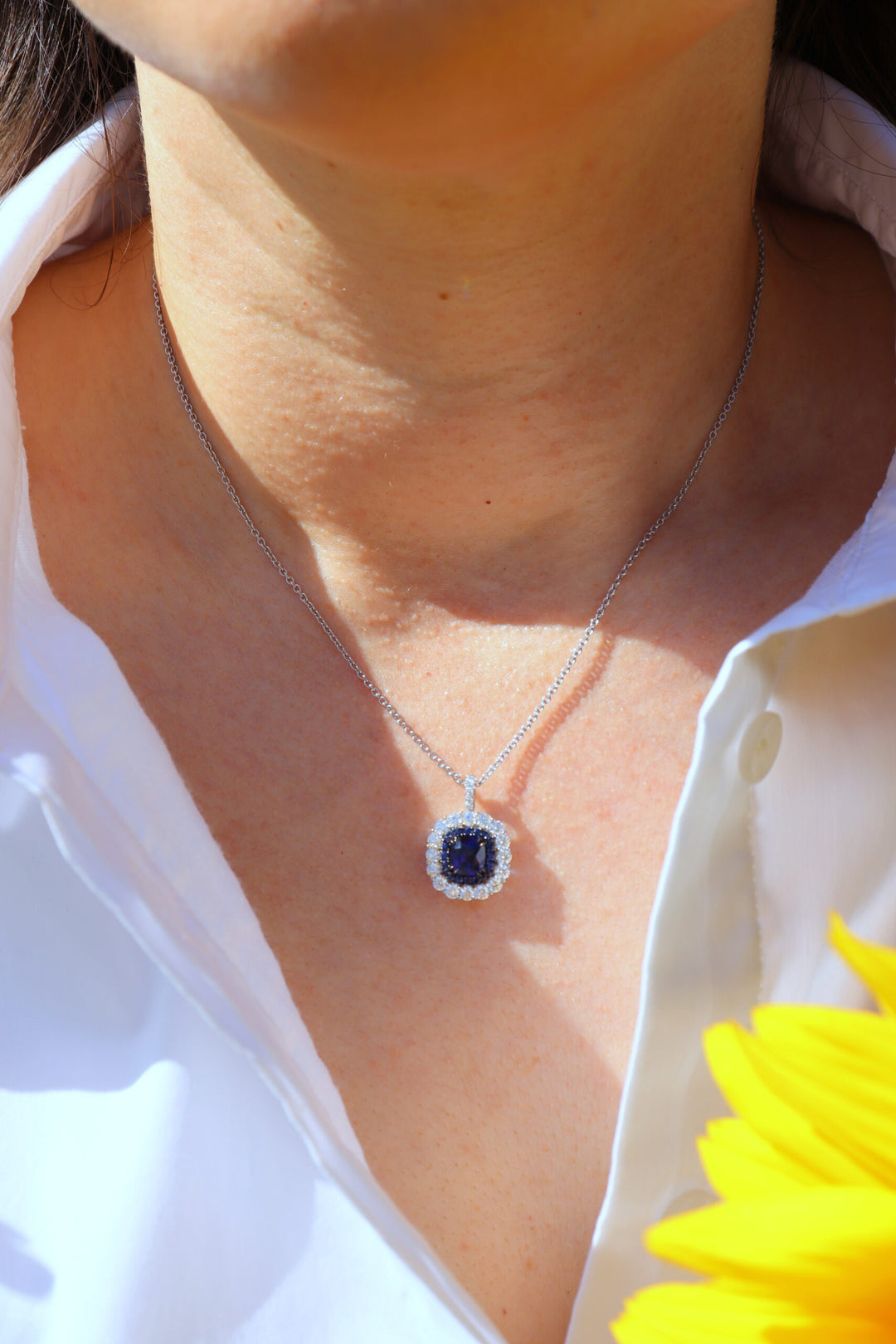 1.67ct Cushion Blue Sapphire & Diamond Drop Necklace