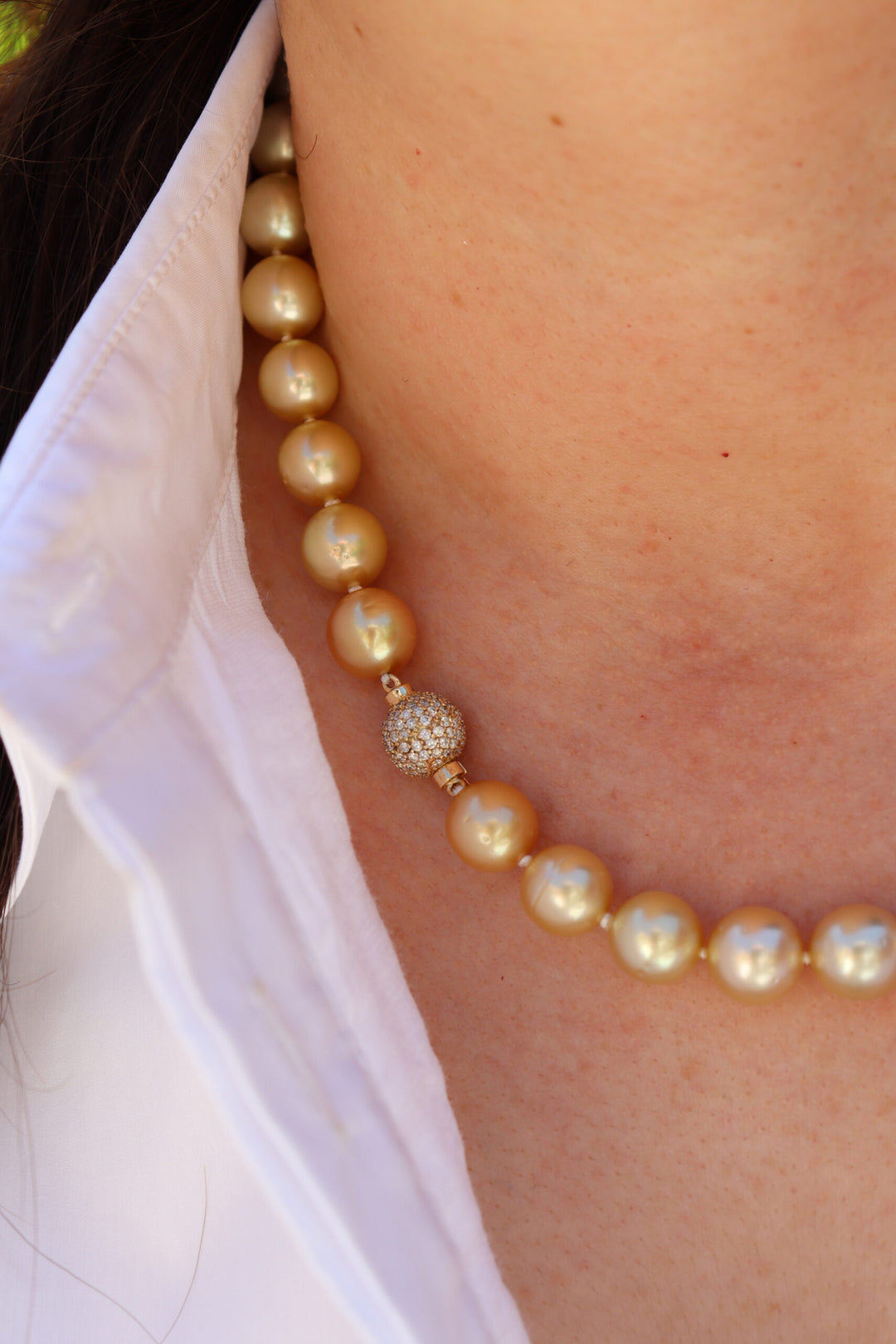 10mm Ombré Tahitian, Gold & White South Sea Pearl Strand with a 14K Yellow Gold Pave Ball